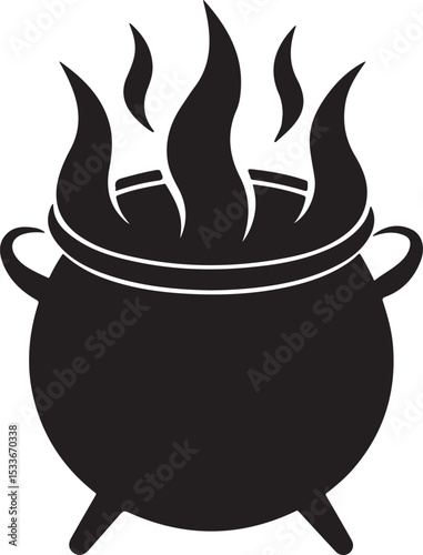 Black and white illustration of a witch's cauldron with flames for halloween and magic