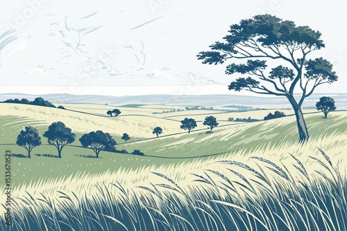 Create a bold, vector illustration of a prairie landscape at sunset, featuring tall grasses, a dramatic sky, and possibly a lone tree.  Emphasize strong outlines.
