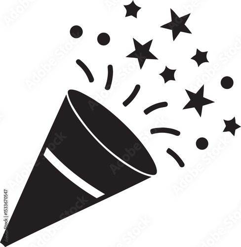 Festive black and white party popper exploding with stars and confetti for celebration