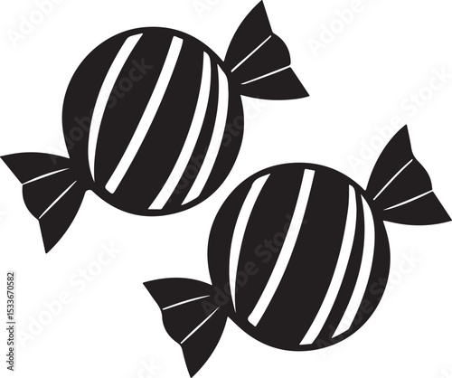 Black and white illustration of two wrapped candies with diagonal striped design