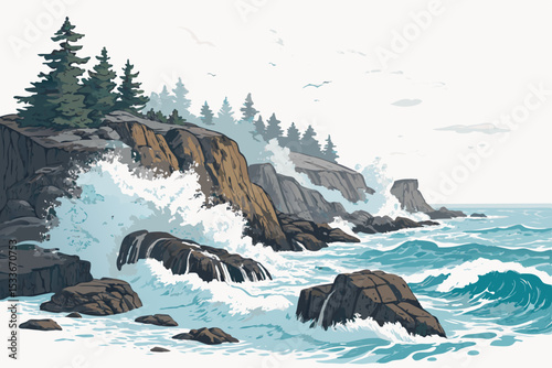 Create a bold, vector illustration of a rugged, dramatic rocky coastline with strong, defined strokes and sharp edges.