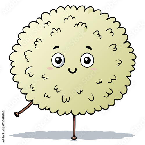 Whimsical fluffy dandelion puff with a tiny face, about to float away with the wind.