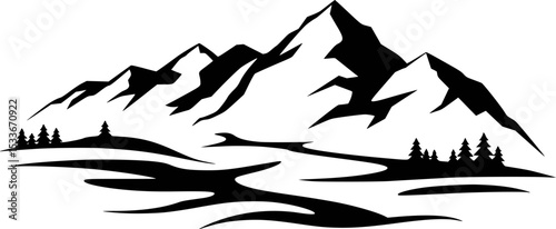 Black and white mountain landscape with trees and river