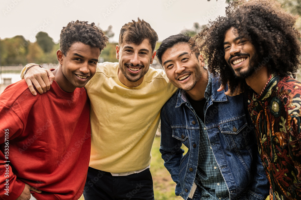 Obraz premium Four happy male friends embracing in a park