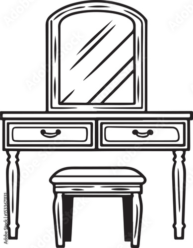 Vintage vanity set with mirror and stool isolated on white background