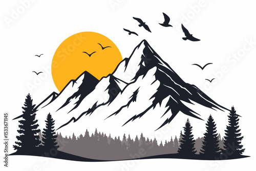 Create a bold, vector silhouette of a simple, minimalist mountain range with thick, black strokes.  High resolution, clean lines.