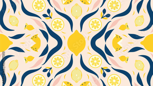 Symmetrical arrangement of lemons and blue leaf shapes on a light beige background design element