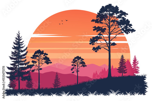 Create a bold, vector illustration of a vibrant sunset landscape featuring silhouetted mountains and a fiery sky.  Use thick strokes for a striking effect.