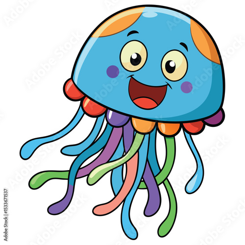 Playful giggly jellyfish with colorful tentacles, bobbing gently in clear water.