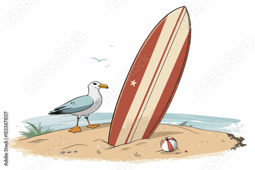 Create a vector illustration of a bold-stroked surfboard, realistically resting on a sandy beach at sunset.