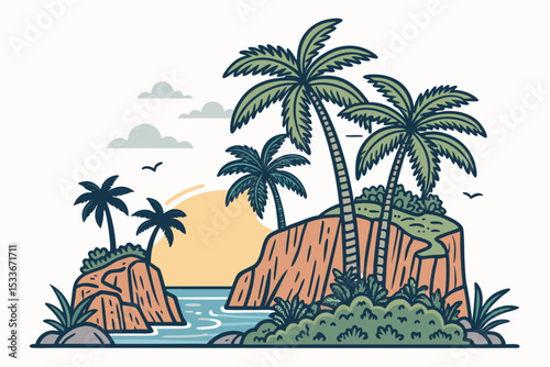 Create a bold, vector illustration of a vibrant tropical landscape with palm trees, lush foliage, and a clear blue sky.  Focus on strong outlines.