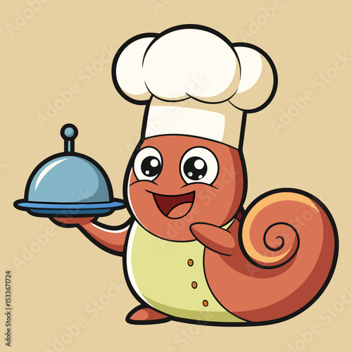 Whimsical gourmet chef snail wearing a chef's hat, delicately preparing tiny dishes.