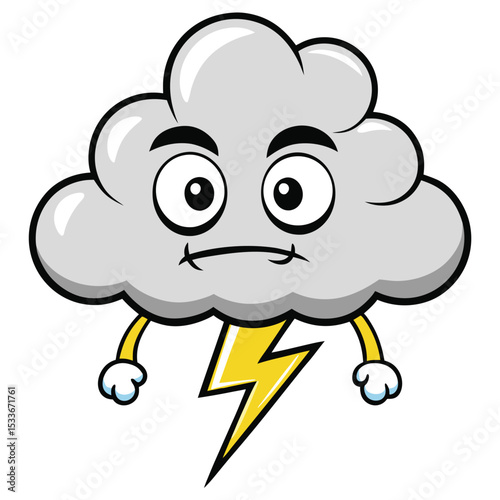 Dramatic grumpy storm cloud with lightning bolts for arms, symbolizing powerful weather.