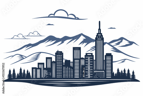 Design a bold, vector illustration of a city skyline silhouette, featuring strong black strokes and simplified shapes.  Focus on impactful visuals.