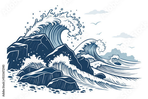 Create a bold vector illustration of powerful ocean waves crashing against rugged rocks.  Focus on strong line art and impactful contrast.