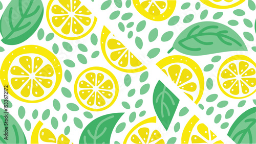 A vibrant pattern of lemon slices and green leaves scattered on a white background design element