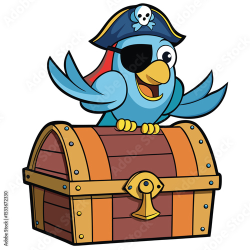 Jolly pirate parrot with an eyepatch, perched on a treasure chest, a fun, adventurous bird.
