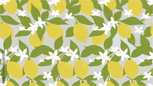 Seamless pattern featuring lemons with leaves and white flowers on a light background design vector