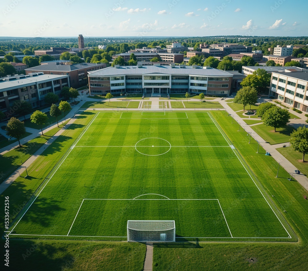 Fototapeta premium Panoramic View of School Campus with Soccer Field