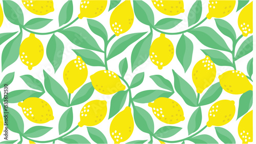 A vibrant pattern of yellow lemons with green leaves on a white background creates a fresh design