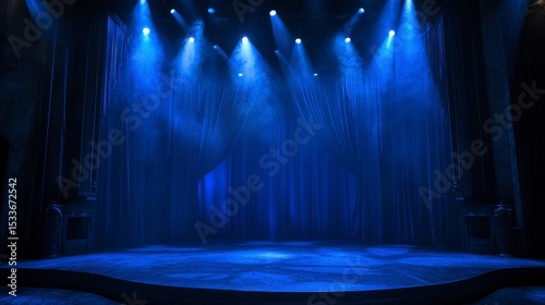 Dark stage with blue lighting, smoke, and curtains.