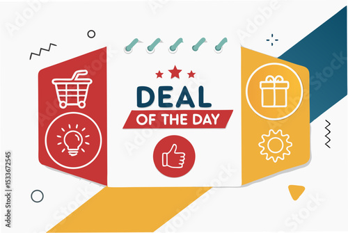 Create a vibrant vector template for a "Deal of the Day" banner featuring bold, eye-catching icons.  Include space for text highlighting the offer.