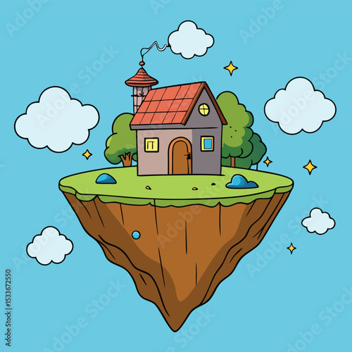 Dreamy magical floating island with a single, quaint house, hovering peacefully in the sky.