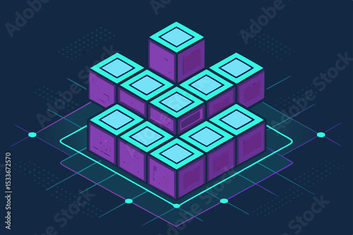 Dark, isometric, low-poly cubes forming a modern, abstract digital grid; sharp shadows, clean lines.
