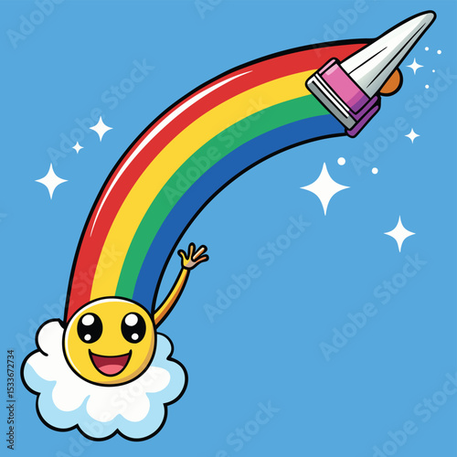 Enchanting magical paint brush painting a rainbow stroke in mid-air, spreading joy.