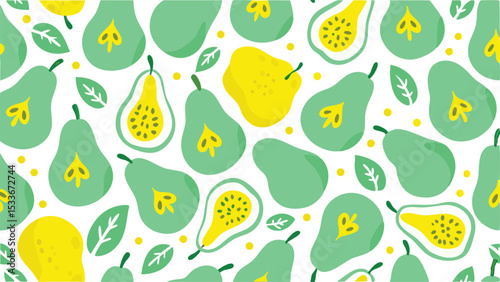 Seamless pattern featuring green and yellow pears and leaves on a white background design element