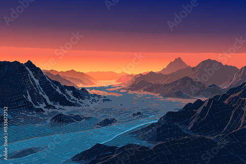 Create a digital perspective rendering of a landscape mesh, emphasizing depth and geometric detail.  Include subtle lighting effects.