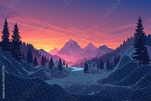 Generate a digital painting of a futuristic, mesh-like landscape receding into perspective, incorporating subtle blue hues.