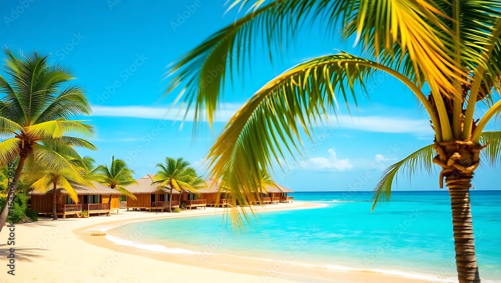 Obraz premium Tropical beachfront bungalows with palm trees
