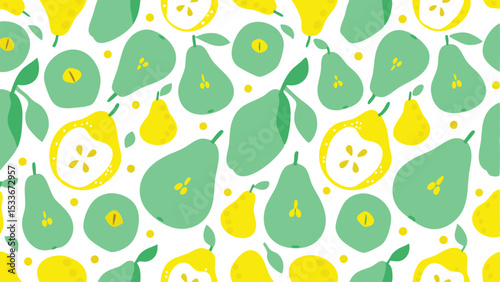 A repeating pattern of green and yellow pears with leaves and cross sections on a white background design