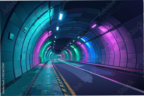 Generate a vibrant, perspective-based digital art piece depicting a futuristic tunnel, featuring bold neon colors and a strong sense of depth.