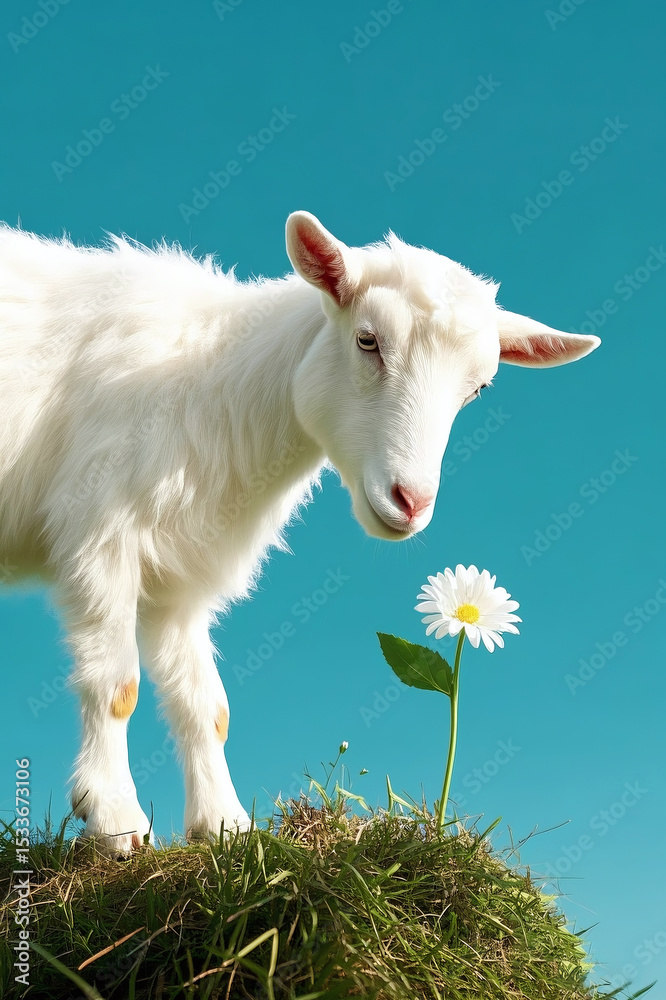 Fototapeta premium one sheep stood beside a flower on the grass all the time