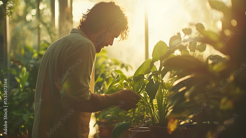 Obraz premium Man Tending Plants in Greenhouse Bathed in Warm Sunlight