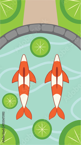 Two decorative orange koi fish swimming in a pond surrounded by lily pads