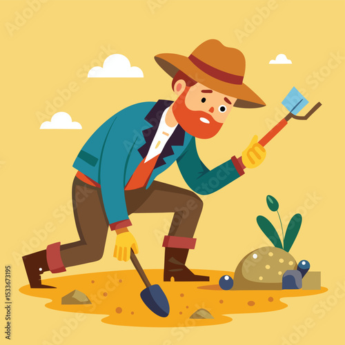 Dedicated man archaeologist with a brush and small shovel, carefully excavating ancient artifacts.