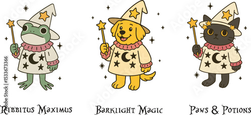 Cute Wizard Animals Illustration – Frog, Dog and Cat in Magical Outfits