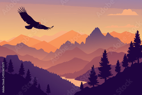 Majestic eagle in dynamic flight above a bold, stylized vector mountain range; sharp lines, vibrant colors.