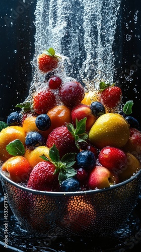 Fresh Fruit in Colander Under Running Water - Washing Fruits