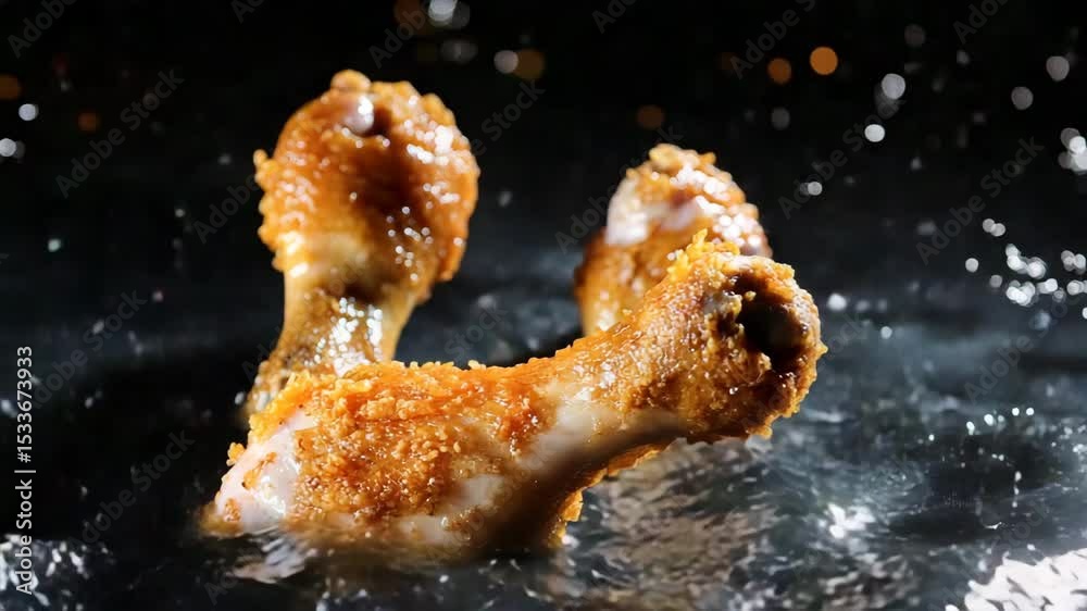 Fried chicken drumstick splashing in water with crispy surface glinting under sharp lights on black