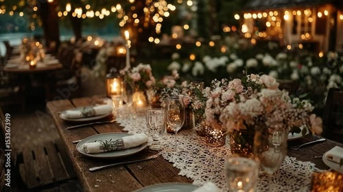 Elegant outdoor dinner party with flowers and candles on a wooden table