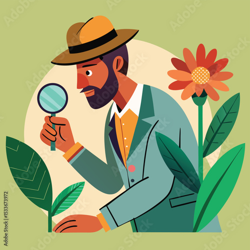 Curious man botanist examining a rare flower with a hand lens, studying nature's beauty.
