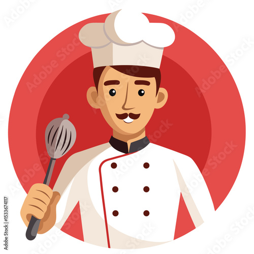 Expert man chef in a clean white uniform and toque, holding a gourmet dish ready to serve.