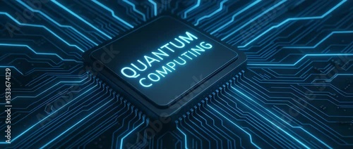 A detailed close-up view of a quantum computing chip on a blue circuit board background, showcasing the intricate connections and advanced technology of computing.
