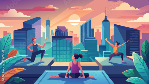 Urban yoga practice depicted with city skyline and sunset illustration