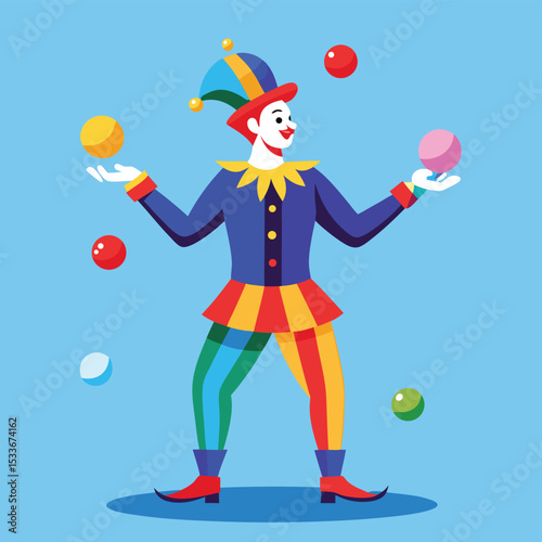 Cheerful man clown with bright makeup and costume, juggling props for entertainment.