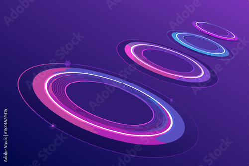 Generate a vibrant image of several iridescent, gradient rings floating in a deep purple, futuristic void.  Focus on the smooth, glowing surfaces of the rings.
